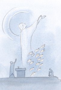 Cristo estava no santuário, Seus olhos erguidos para o Céu, chamas de sacrifício perto de Suas vestes, 2000 (w - c no papel) de Elizabeth Wang