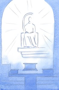 Cristo estava sentado em um trono celestial, dentro de nosso Santuário. Cristo nosso Deus é digno dos sofrimentos que suportamos por amor a Ele, 2002 (w - c no papel) de Elizabeth Wang