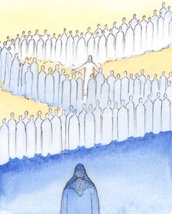 Cristo caminhava entre Seus Santos no Céu, prestando atenção pessoal a cada um deles, com olhares e gestos amorosos, 2003 (w - c no papel) de Elizabeth Wang