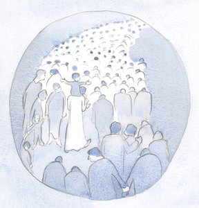 Cristo caminhava no meio do Seu povo, uma criança em Seus ombros, com os peregrinos e enfermos., 2001 (w - c no papel) de Elizabeth Wang