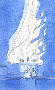 A presença real de Cristo no altar é tão gloriosa, é como se um fogo de louvor e glória voasse para o Pai, 2002 (w - c no papel) de Elizabeth Wang