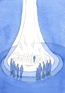 O sacrifício de Cristo - oferecido da terra - é como um farol de luz diante do céu, 2002 (w - c no papel) de Elizabeth Wang
