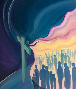A divina compaixão de Cristo na cruz encobre os pecados de toda a raça humana, 2001 (óleo a bordo) de Elizabeth Wang