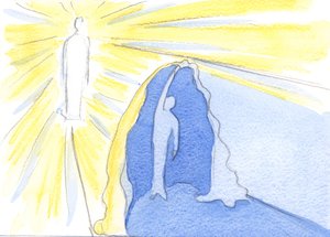 O amor de Cristo por cada um de nós é infinito e terno. As coisas dão errado na vida espiritual quando as pessoas começam a se esconder de Cristo pelo pecado ou desânimo, 2003 (w - c no papel) de Elizabeth Wang