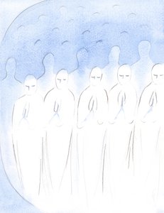 Almas que partiram que foram fiéis, mas agora passam pela purificação, ainda estão em paz, sofrendo com alegria, para serem dignas de Deus, 2001 (w - c no papel) de Elizabeth Wang