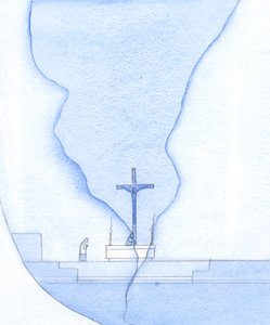 Durante a Santa Missa, foi como se uma fenda aparecesse do outro lado do santuário, através da qual vi Cristo na cruz, 2002 (w - c no papel) de Elizabeth Wang