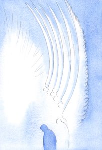 Durante o &39;Sanctus&39;, Santos Anjos, altos e radiantes, curvaram-se em adoração diante do Cristo que estava prestes a entrar em nosso mundo, 2002 (w - c no papel) de Elizabeth Wang