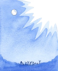 Muito "abaixo" do Céu e da Terra existe um estado de quase escuridão onde as almas rebeldes e impenitentes se encontram - através das suas próprias escolhas - completamente sem alegria, esperança ou beleza, 2005 (aguarela sobre papel) de Elizabeth Wang