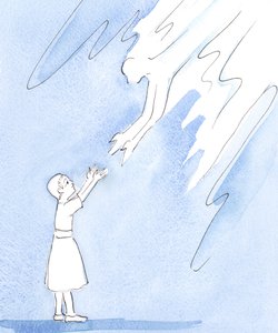 Deus saúda o grito de amor de um de seus &39;filhos&39; com a alegria de um pai terreno que ouve o grito de amor de seu filho, 2004 (w - c no papel) de Elizabeth Wang