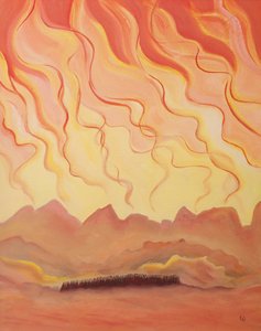 Deus é como um poderoso fogo de amor. Ciente da fragilidade humana, Ele se revelou ao Seu povo aos poucos, para não destruí-los por Sua glória, 2003 (óleo a bordo) de Elizabeth Wang