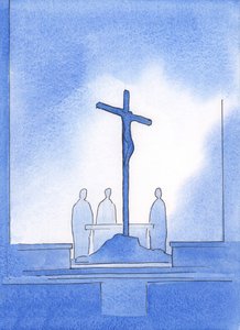 Deus me mostrou que nossos três sacerdotes que ofereceram o Santo Sacrifício estavam de pé ao redor da cruz na qual Cristo morreu, 2002 (w - c no papel) de Elizabeth Wang
