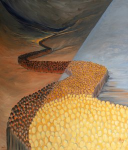 O Povo Santo de Deus se estende como um rio desde os tempos antigos até nossos dias, 2001 (óleo a bordo) de Elizabeth Wang
