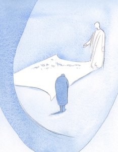 Ele explicou que minha vestimenta esfarrapada - pela exposição ao Seu olhar - ficaria imaculada. Será a "vestimenta nupcial"., 2000 (w - c no papel) de Elizabeth Wang