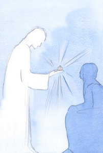Ele estendeu um pequeno troféu em forma de cristal. Representou a pureza de intenção que persegui, 2002 (w - c no papel) de Elizabeth Wang