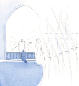 Ele indicou Sua Santa Mãe, e todos os anjos e santos, dizendo que temos muitos amigos santos querendo nos ajudar, e não precisam estar sozinhos., 2000 (w - c no papel) de Elizabeth Wang