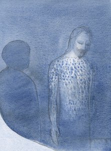 Ele me mostrou a aparência de Suas feridas após Seu Açoite, e mostrou como nossos sacrifícios, unidos aos Seus, podem ser oferecidos em uma oração ao Pai., 2001 (w - c no papel) de Elizabeth Wang