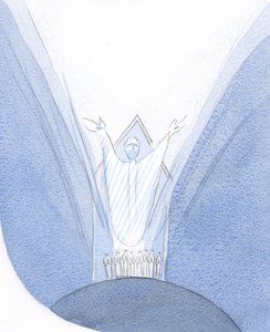 Aqui, durante a Missa, Cristo está realmente presente connosco, na Terra, rezando ao Pai, connosco reunidos à sua volta., 2001 (c - c no papel) de Elizabeth Wang