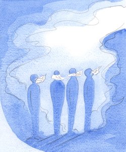 Quão gloriosos são os dons do Espírito Santo: trêmulas e eloqüentes línguas de fogo são apenas faíscas de Seu grande fogo., 2001 (w - c no papel) de Elizabeth Wang