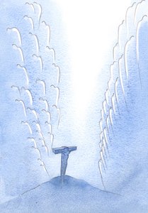 Como os Anjos, milhares deles, estremeceram de horror quando o próprio Filho de Deus morreu no Calvário, em Sua rendição e louvor infinito ao Pai., 2001 (w - c no papel) de Elizabeth Wang