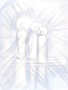 Vi Jesus claramente, Sua Santa Mãe ao Seu lado e São José ao Seu lado. Cristo os dá a nós, como ajudantes e exemplos, 2000 (w - c no papel) de Elizabeth Wang
