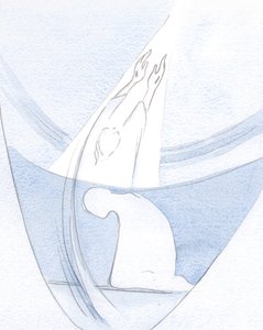Eu vi como a vida e o sacrifício de Cristo perfuram o próprio Céu, abrindo um caminho onde podemos seguir, para compartilhar Sua glória., 2000 (w - c no papel) de Elizabeth Wang