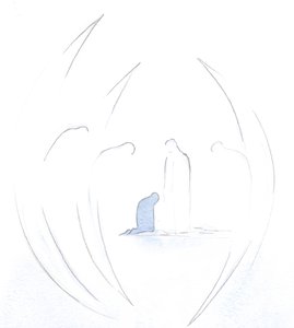Eu vi como os Santos Anjos reverenciam reverentemente a presença de Cristo na alma, na Sagrada Comunhão., 2000 (w - c no papel) de Elizabeth Wang