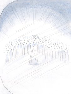 Eu vi os santos se acotovelando, por assim dizer, pelo privilégio de nos ajudar, com a Virgem Maria em seu centro, 2000 (w - c no papel) de Elizabeth Wang