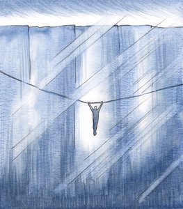 Eu estava me agarrando somente pela fé, agarrado a um tênue fio de esperança, suspenso sobre um vasto abismo, 2000 (w - c no papel) de Elizabeth Wang