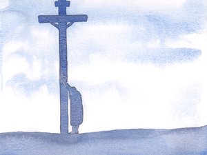 Se os nossos sofrimentos dificultam a oração, podemos simplesmente apoiar-nos na Cruz, perto de Cristo, repousar Nele e suportar pacientemente as nossas dificuldades, 2000 (w - c no papel) de Elizabeth Wang