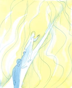 Se alguém permanece unido a Cristo, no caminho da morte, Cristo guia essa alma pelo caminho estreito, conduzindo-a pela mão ao Fogo da Divindade em segurança, 2003 (w - c no papel) de Elizabeth Wang