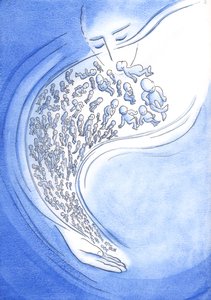 Aos olhos de Deus, os bebês que morrem - antes ou depois do nascimento - são como estrelas cadentes que brilham brevemente e depois caem do céu, 2002 (w - c no papel) de Elizabeth Wang