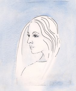 No céu, a Virgem Maria compartilha a preocupação de seu filho por tudo o que acontece na terra, 2000 (w - c no papel) de Elizabeth Wang