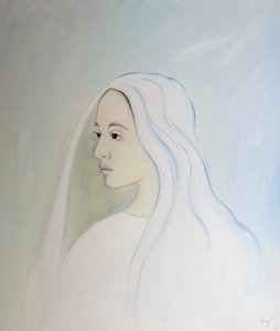 No céu, a Virgem Maria compartilha da preocupação de seu filho por tudo o que acontece na terra, 2000 (óleo a bordo) de Elizabeth Wang