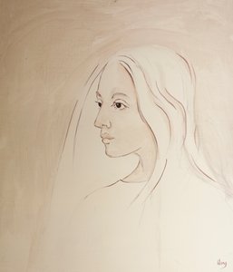 No céu, a Virgem Maria compartilha da preocupação de seu filho por tudo o que acontece na terra, 2000 (óleo a bordo) de Elizabeth Wang