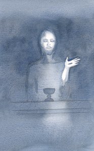 Na sua misericórdia, Cristo vem ao nosso altar, diariamente, enquanto O acolhemos, nas trevas da fé, 2000 (w - c no papel) de Elizabeth Wang