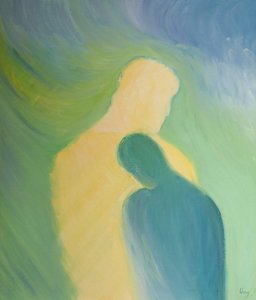 Na Sagrada Comunhão, podemos simplesmente apoiar-nos no coração de Cristo em amor e gratidão sem palavras, 2000 (óleo a bordo) de Elizabeth Wang