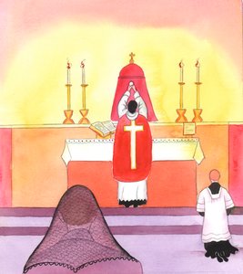 Em passos deliberados (explicou Cristo), Ele conduziu-me lentamente para o reconhecimento da reverência e da beleza associadas à forma tradicional de oferecer o Santo Sacrifício, 2005 (aguarela sobre papel) de Elizabeth Wang