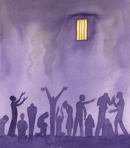 Na vida terrena, existem prisões onde a vida é insuportável, pois os prisioneiros lutam entre si e são atormentados por guardas que os deixam com fome, sede e excrementos até aos joelhos, 2005 (aguarela sobre papel) de Elizabeth Wang