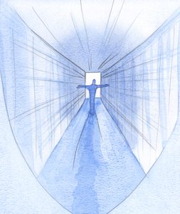 Na jornada pela morte e morte (como por um corredor luminoso), a alma nua confia no Espírito Santo interior, 2001 (w - c no papel) de Elizabeth Wang