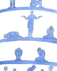 Nas profundezas do Purgatório estão almas - como pessoas desesperadas em uma masmorra medieval que se amontoam perto das paredes - que não têm ninguém para orar por elas., 2004 (w - c no papel) de Elizabeth Wang