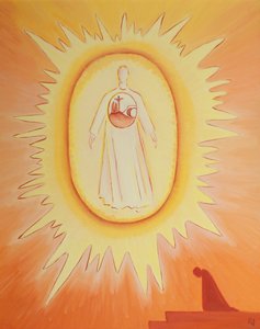 Ao voltar-me para o Cristo Ressuscitado que está com o Pai do Céu, encontro em Cristo todos os acontecimentos salvadores da Sua vida que são a razão da minha esperança, 2002 (óleo a bordo) de Elizabeth Wang