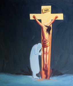 É pela humildade que podemos aprender a nos esconder com nossas feridas ao lado de Jesus crucificado, 2000 (óleo a bordo) de Elizabeth Wang