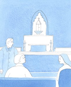 O Senhor disse que, por vezes, é correto lembrar às pessoas barulhentas que a igreja é um lugar de oração e não de conversa sobre assuntos do dia a dia, 2005 (aguarela sobre papel) de Elizabeth Wang