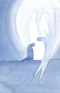 Jesus veio à minha alma com Sua Santa Mãe na Sagrada Comunhão, sem ser visto, e meu anjo juntou-se ao louvor ao Pai, 2000 (w - c no papel) de Elizabeth Wang