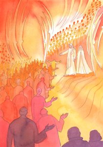 Jesus crucificado espera na porta do céu, com sua mãe Maria e os santos anjos, 2000 (w - c no papel) de Elizabeth Wang