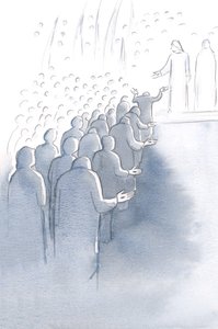 Jesus crucificado espera na porta do céu, com sua mãe Maria e os santos anjos, 2000 (w - c no papel) de Elizabeth Wang