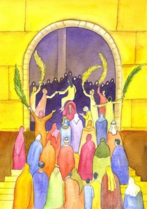 Jesus entra em Jerusalém em procissão (Domingo de Ramos), 2001 (w - c no papel) de Elizabeth Wang