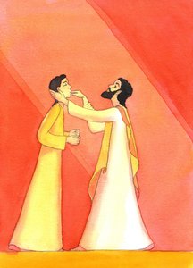 Jesus cura o surdo, ao erguer os olhos ao céu, em oração, 2001 (w - c no papel) de Elizabeth Wang