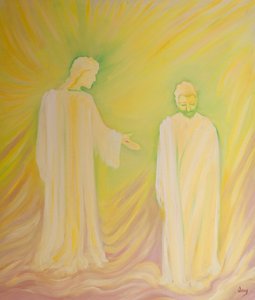 Jesus homenageia São José, seu pai adotivo, e nos pede para admirar suas virtudes e pedir suas orações, 2000 (óleo a bordo) de Elizabeth Wang