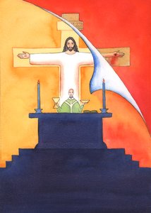 Jesus está presente conosco na missa, orando ao Pai em nosso nome, por ajuda em nossas necessidades e pela salvação eterna. Podemos unir todas as nossas orações com sua grande oração de sacrifício, 2004 (w - c on pa de Elizabeth Wang